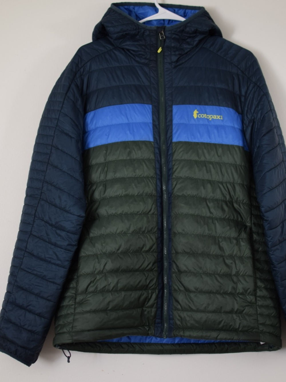 cotopaxi Navy, Royal Blue & Olive Green Quilted Hooded Puffer Jacket